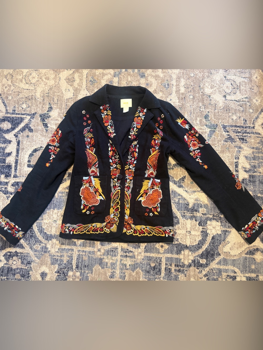 Maeve Black Embroidered Floral Blazer